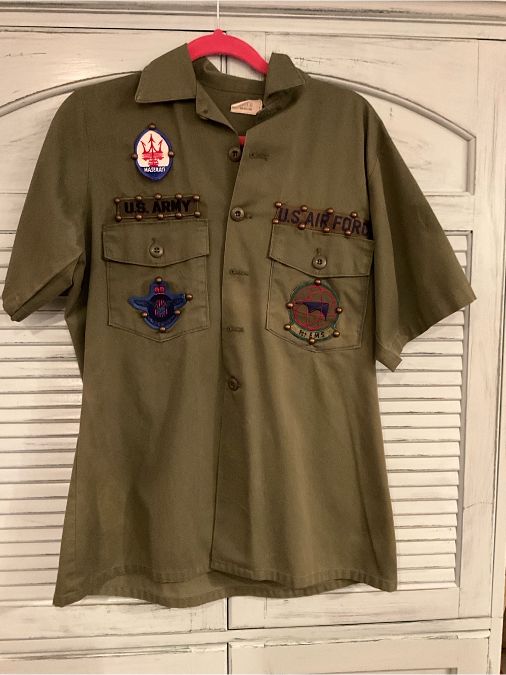 Military Patch Olive Green Short Sleeve Button Shirt